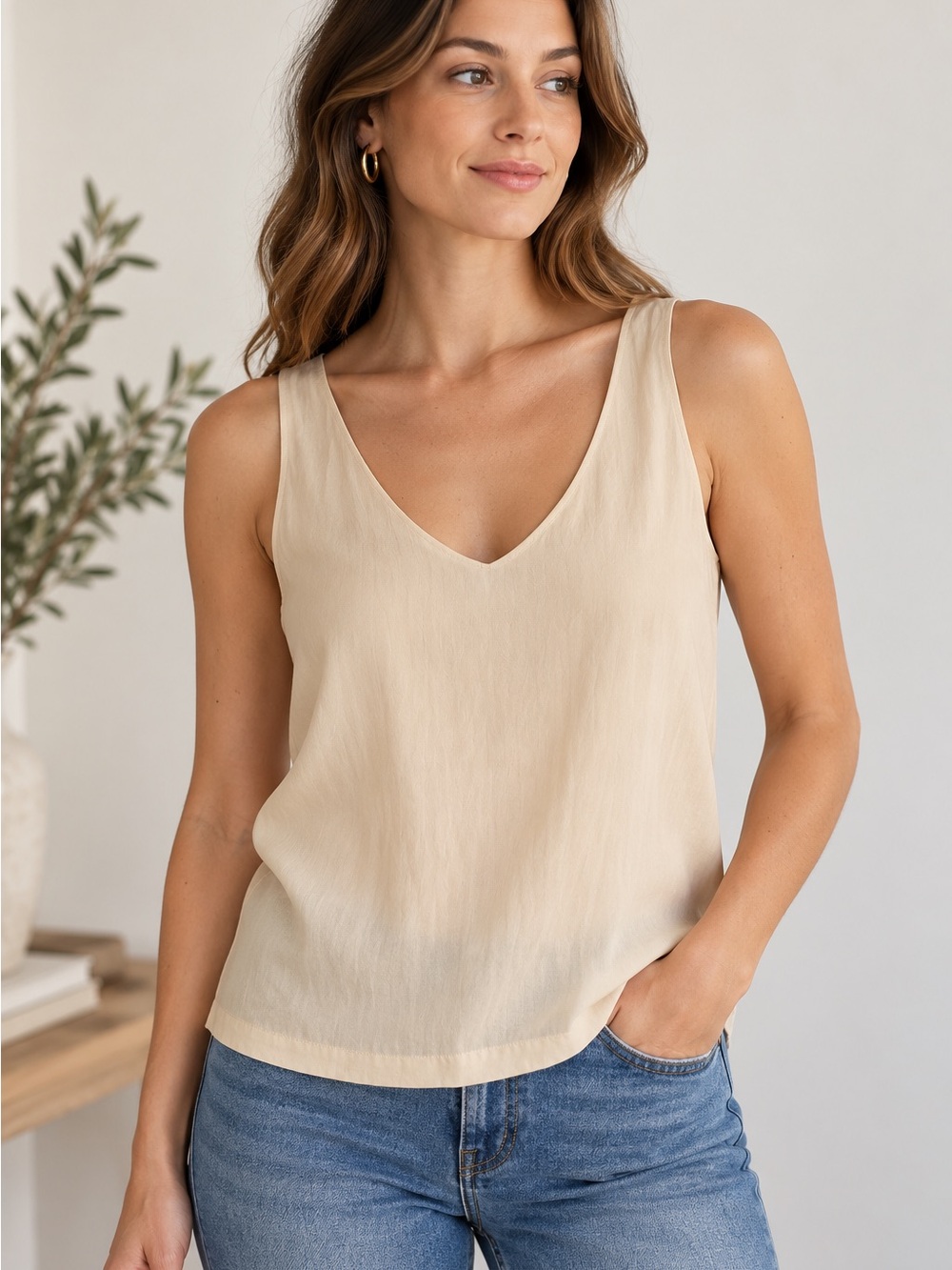 Vintage Express 100% Silk Double V Neck Tank Champagne Ivory S